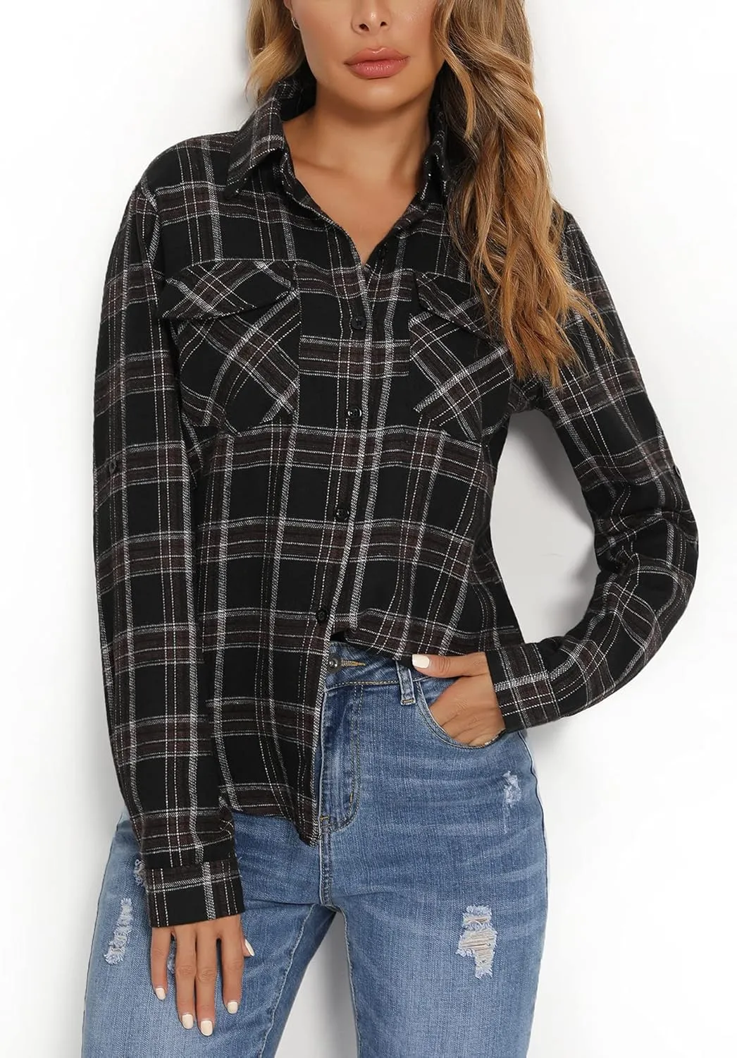 Enjoyoself Womens Plaid Flannel Shirts Casual Roll up Long Sleeve Boyfriend Button Down Checkered Shirt