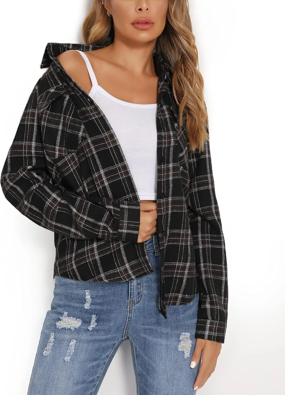 Enjoyoself Womens Plaid Flannel Shirts Casual Roll up Long Sleeve Boyfriend Button Down Checkered Shirt