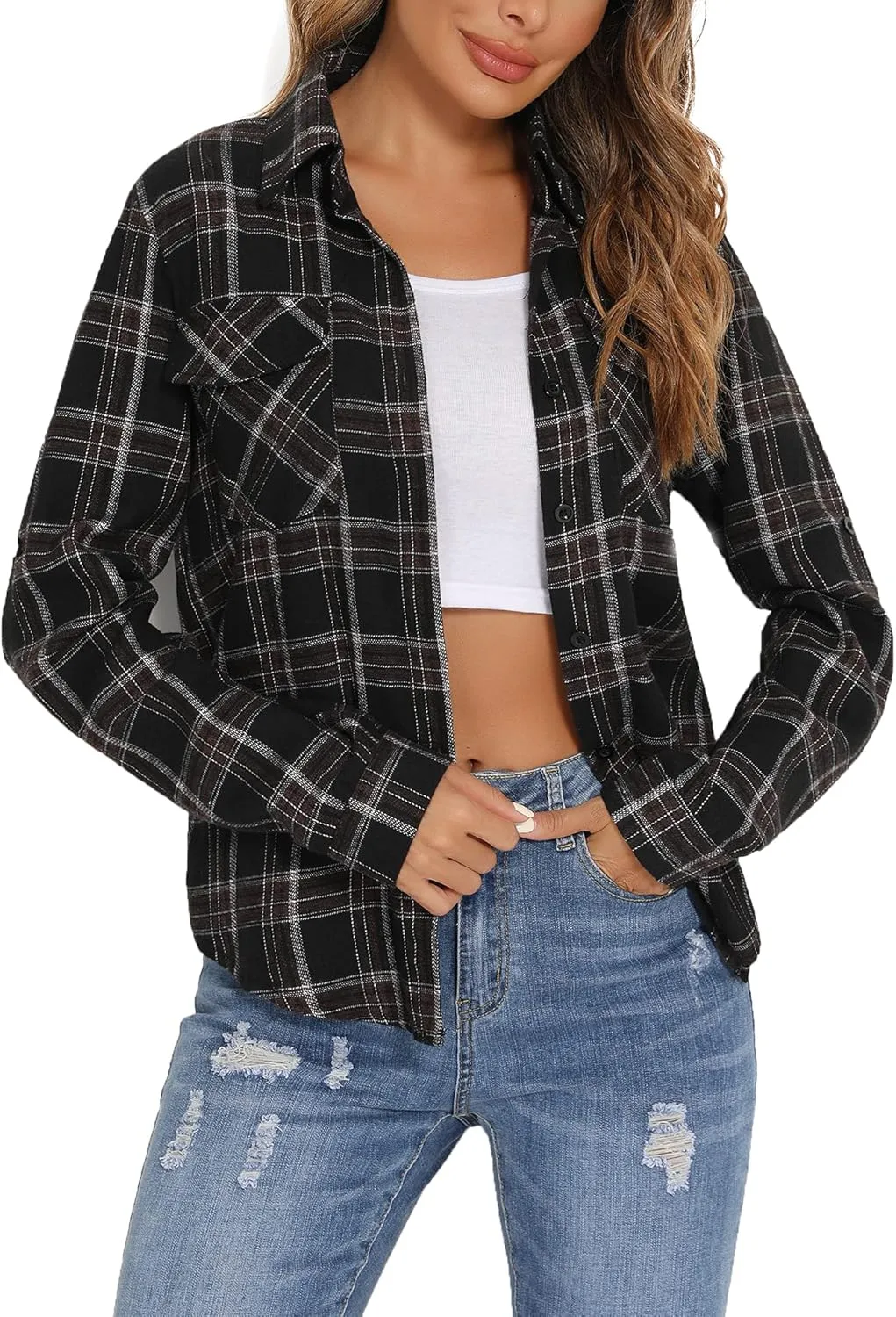 Enjoyoself Womens Plaid Flannel Shirts Casual Roll up Long Sleeve Boyfriend Button Down Checkered Shirt