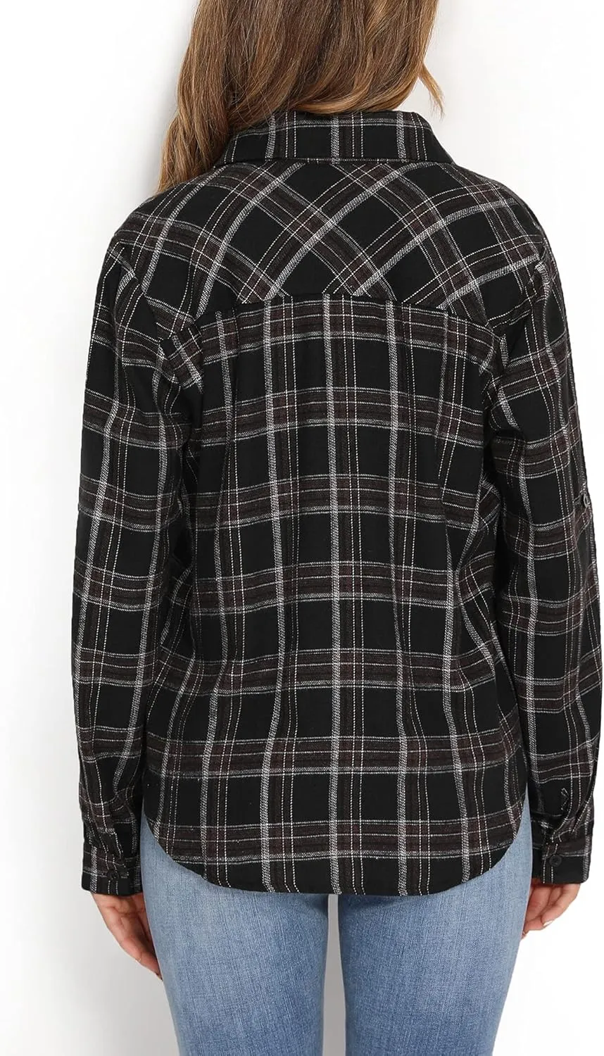 Enjoyoself Womens Plaid Flannel Shirts Casual Roll up Long Sleeve Boyfriend Button Down Checkered Shirt