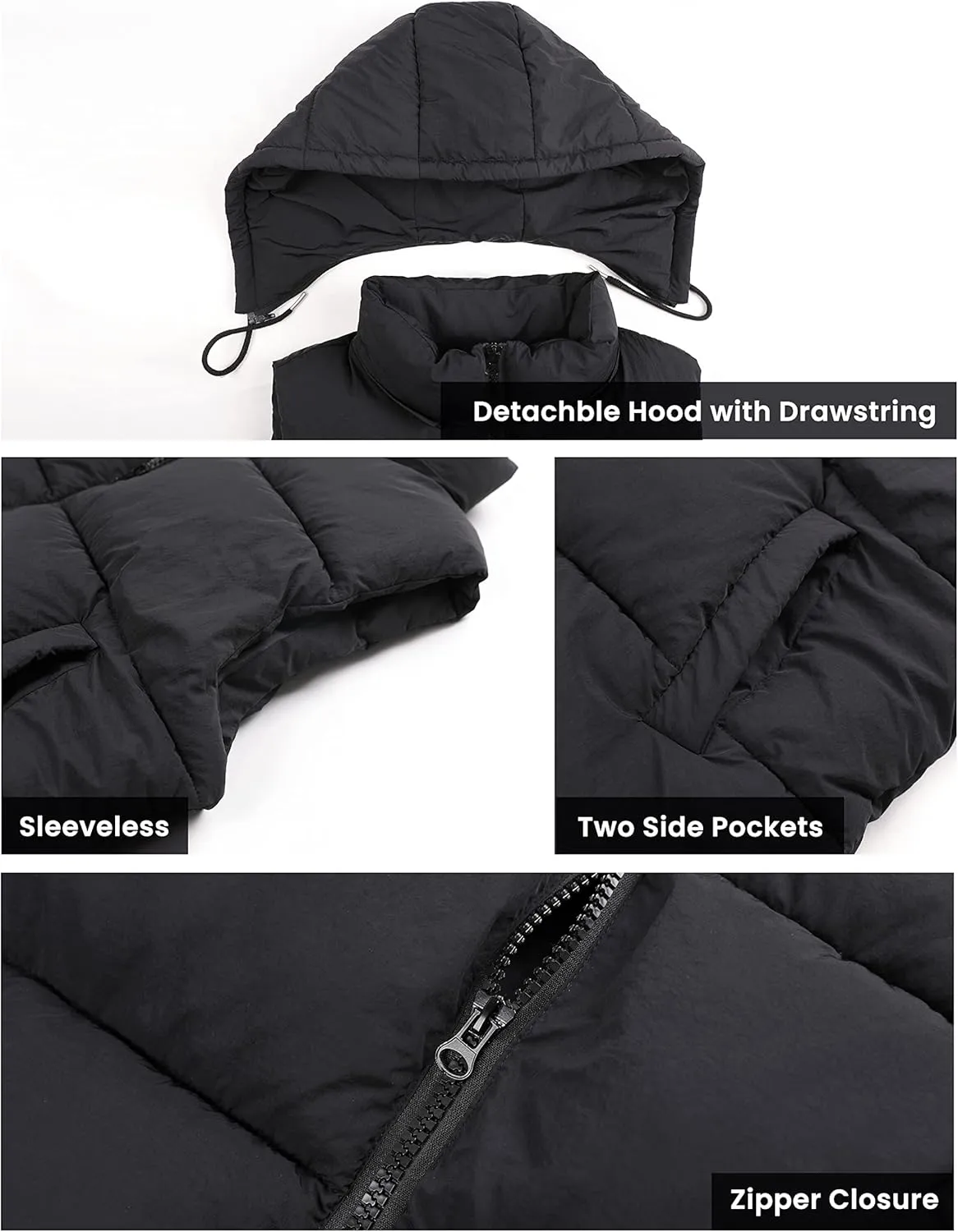 EsheSy Women's Puffer Vest with Removable Hood Sleeveless Full Zip Quilted Down Jacket