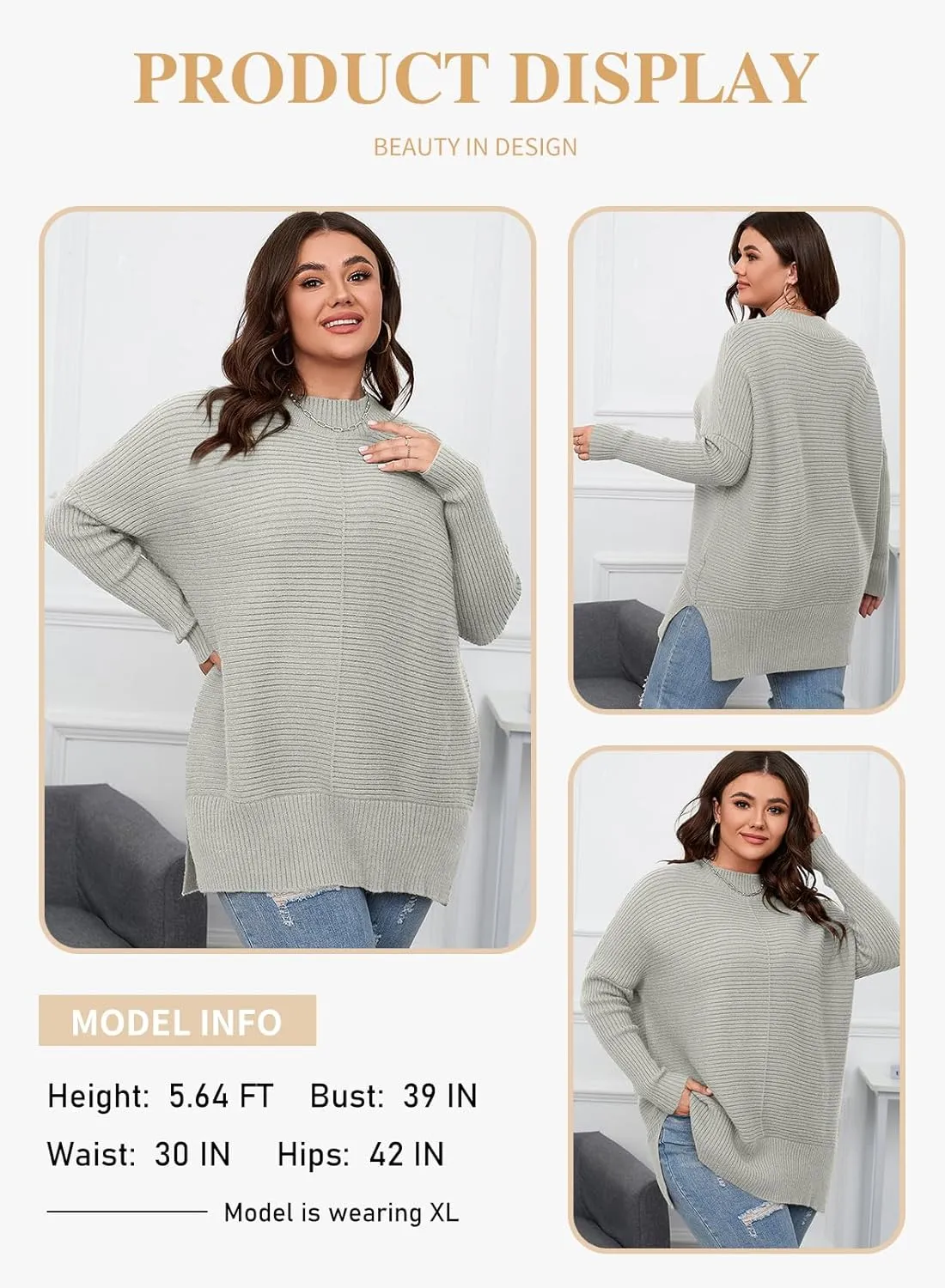 Eytino Womens Plus Size Sweaters Long Sleeve Crew Neck Split Hem Casual Oversized Ribbed Knit Tunic Pullover Tops(1X-5X)