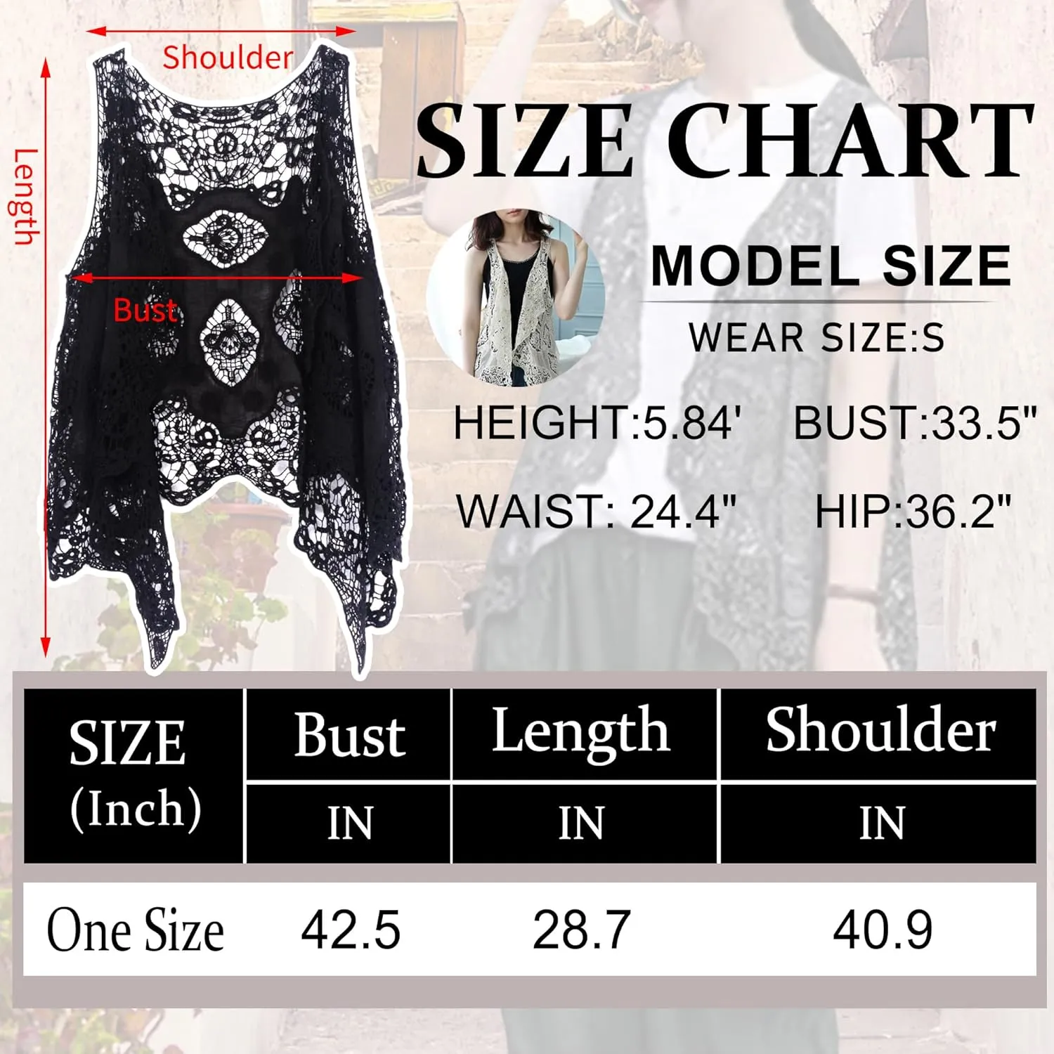FindThy Womens Hollow Knitting Stitch Cardigan Open Front Draped Boho Hippie Crochet Vest