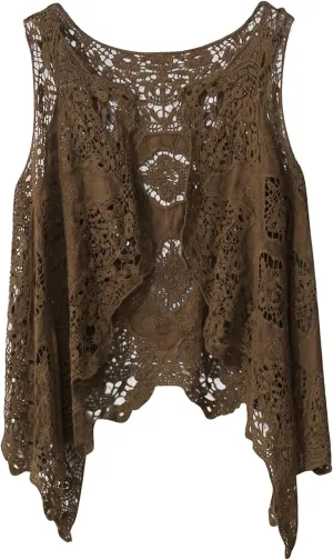 FindThy Womens Hollow Knitting Stitch Cardigan Open Front Draped Boho Hippie Crochet Vest