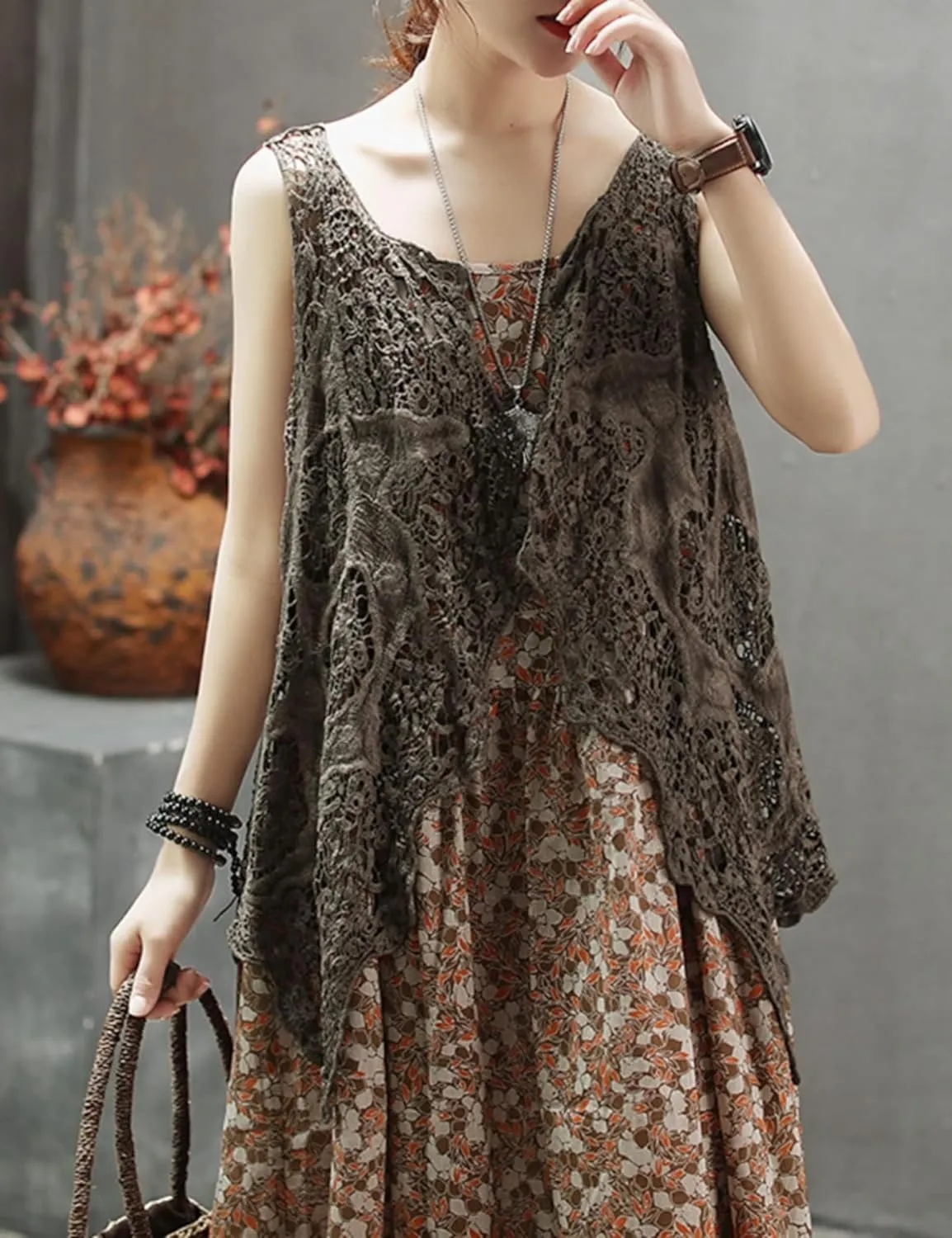 FindThy Womens Hollow Knitting Stitch Cardigan Open Front Draped Boho Hippie Crochet Vest
