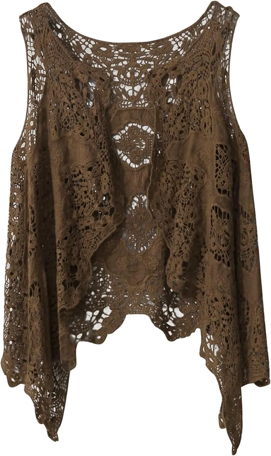 FindThy Womens Hollow Knitting Stitch Cardigan Open Front Draped Boho Hippie Crochet Vest