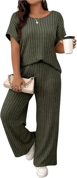 Floerns Women's Plus Size Short Sleeve Tee Shirt Wide Leg Pants 2 Piece Tracksuit