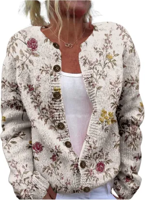 Floral Sweaters for Women Cardigan Button Up Crewneck Chunky Oversized Knitted Tunic 2024 Fall Cropped Sweaters