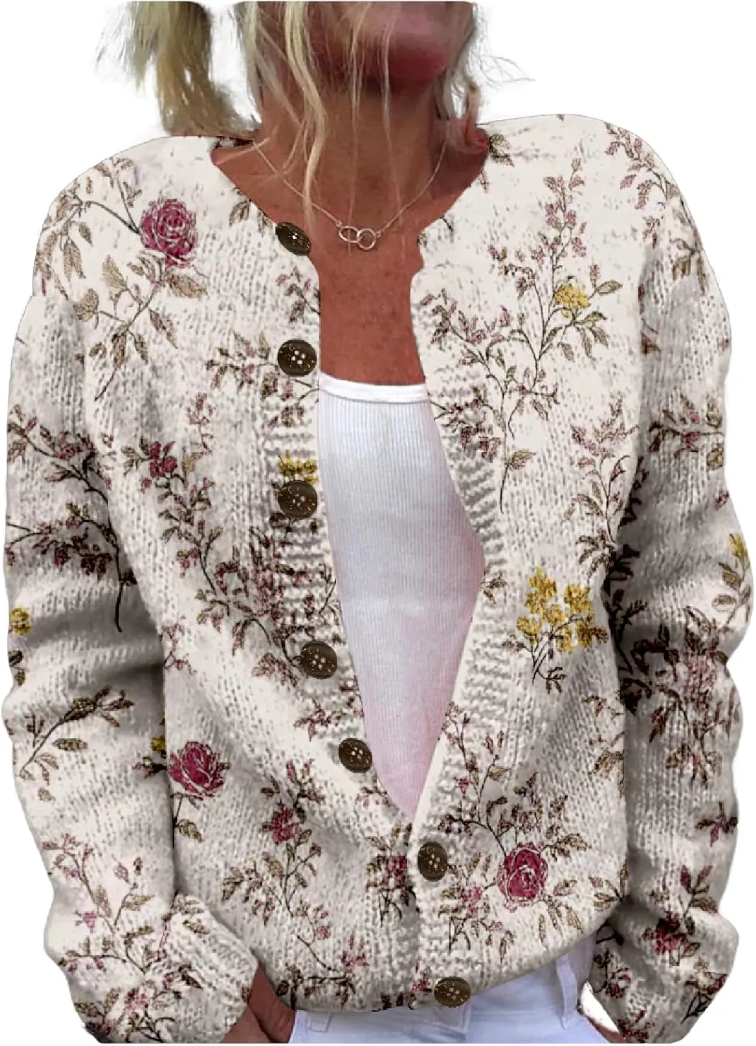 Floral Sweaters for Women Cardigan Button Up Crewneck Chunky Oversized Knitted Tunic 2024 Fall Cropped Sweaters