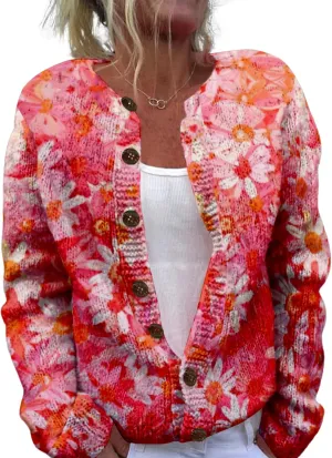 Floral Sweaters for Women Open Front Cardigan Chunky Long Sleeve Plus Size Button Up Fall Trendy Tunic Blouse