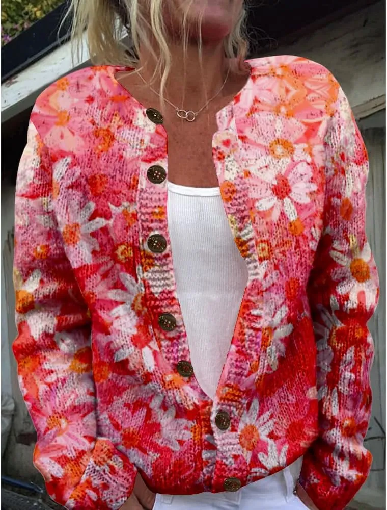 Floral Sweaters for Women Open Front Cardigan Chunky Long Sleeve Plus Size Button Up Fall Trendy Tunic Blouse