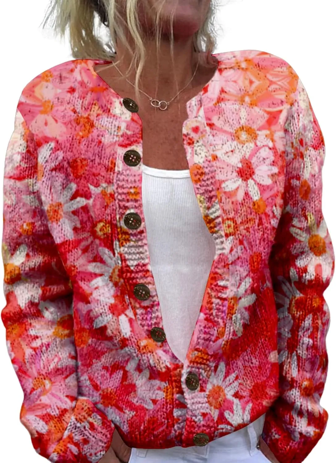 Floral Sweaters for Women Open Front Cardigan Chunky Long Sleeve Plus Size Button Up Fall Trendy Tunic Blouse