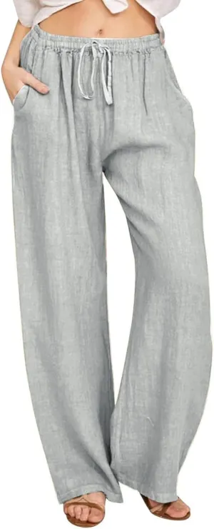 Flowy Pants for Women Summer Trendy High Waisted Straight Leg Pant Solid Casual Loose Trousers with Pockets