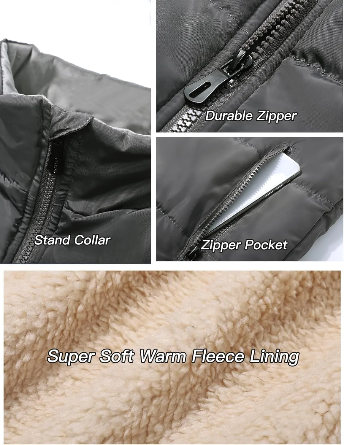 Flygo Men's Fleece Lined Winter Warm Outdoor Padded Puffer Vest Thick Sleeveless Jacket with Pockets