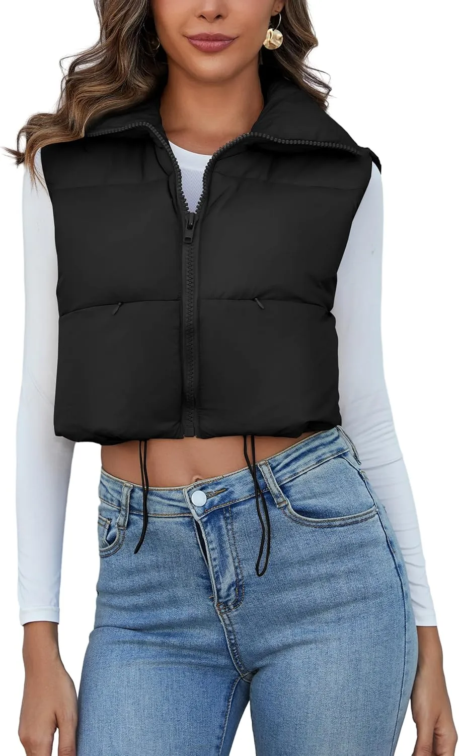 Flygo Women's Cropped Puffer Vest Zip Up Stand Collar Sleeveless Padded Bubble Vest