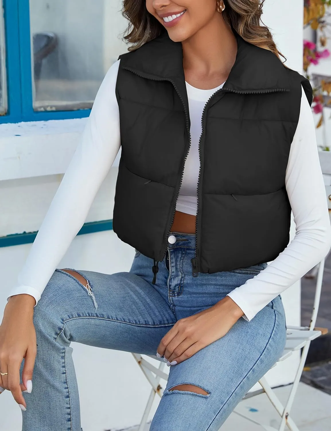 Flygo Women's Cropped Puffer Vest Zip Up Stand Collar Sleeveless Padded Bubble Vest