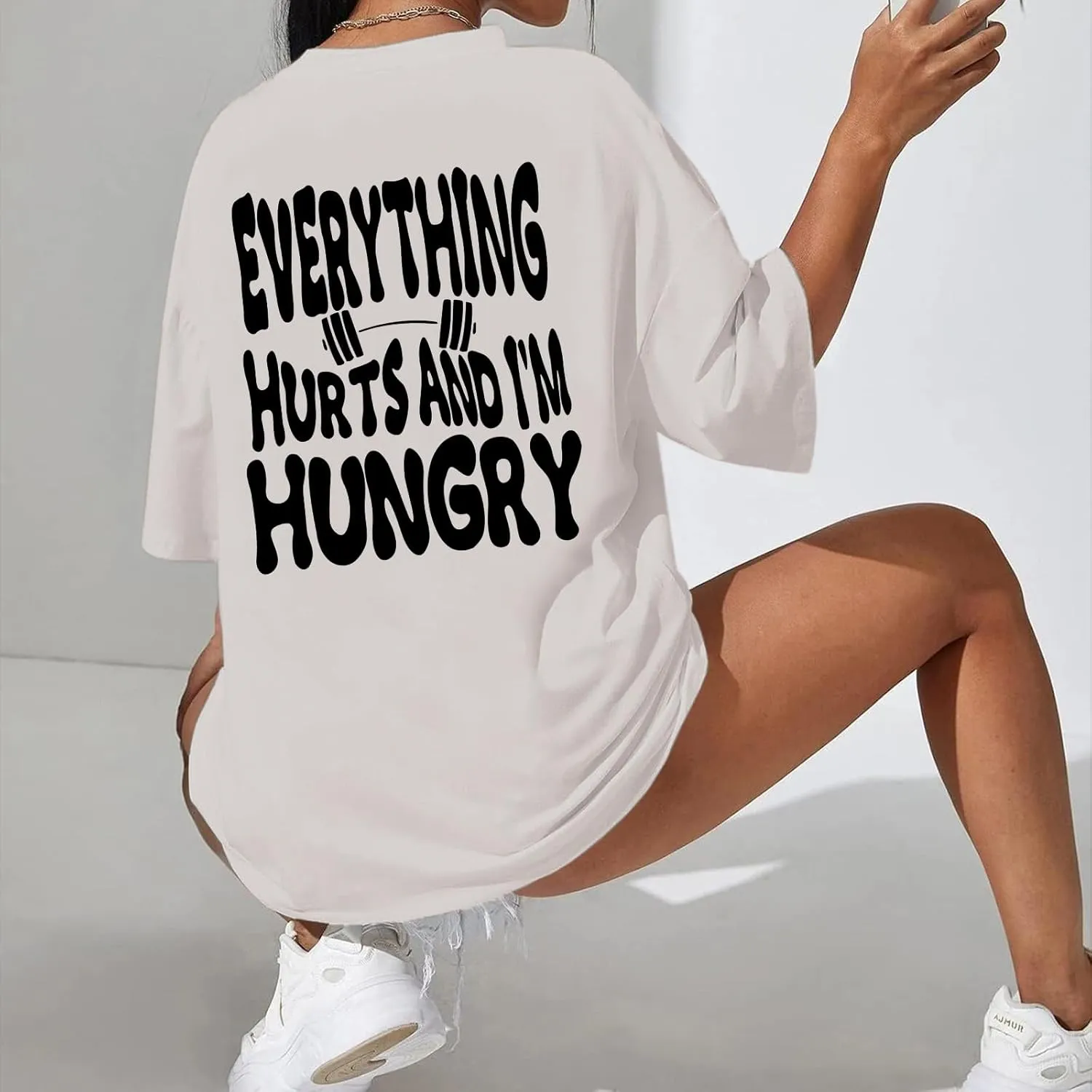 Funny Workout Gym Shirts Women Oversized Weightlifting Graphic Tshirt Everything Hurts and I'm Hungry Tee Tops