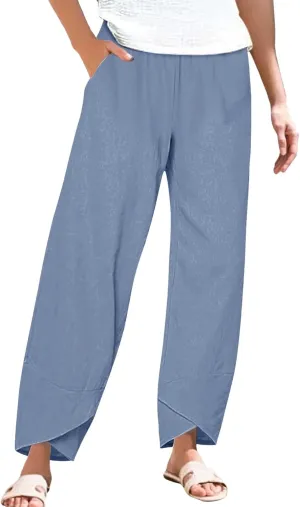 GIERIDUC Cotton Linen Pants Women Summer Boho Pants Lightweight Hight Waist Linen Vacation Beach Pants Pockets Resort Wear