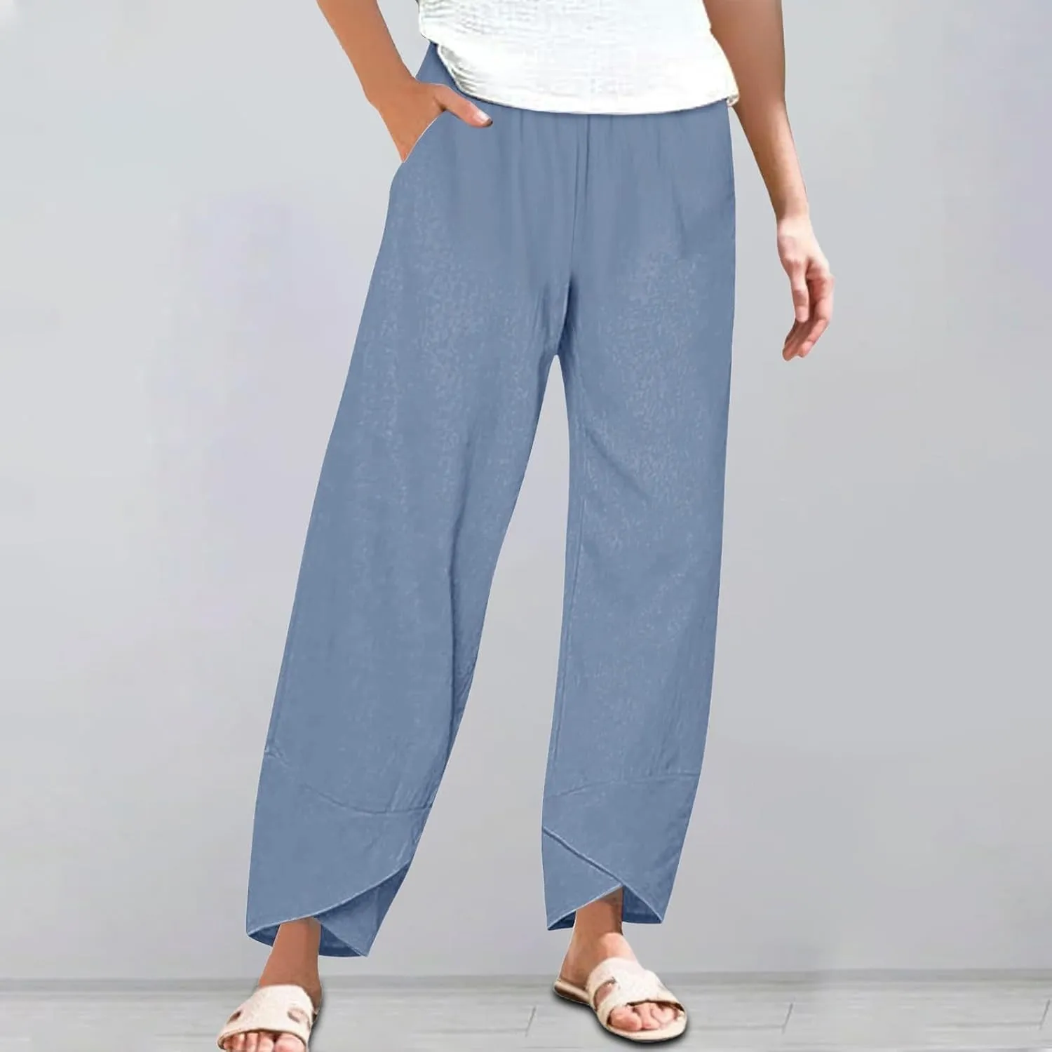 GIERIDUC Cotton Linen Pants Women Summer Boho Pants Lightweight Hight Waist Linen Vacation Beach Pants Pockets Resort Wear