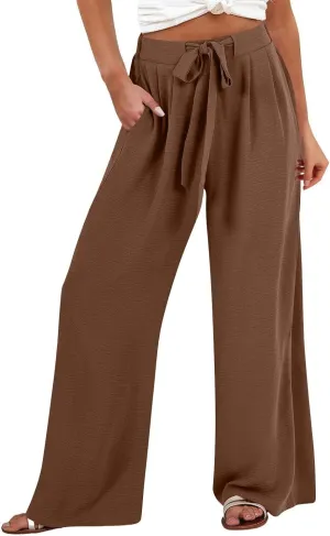 GIERIDUC Linen Palazzo Pants for Women Casual Loose Beach Wide Leg Flowy Trousers Plus Size High Waisted Tie Knot Lounge Pant