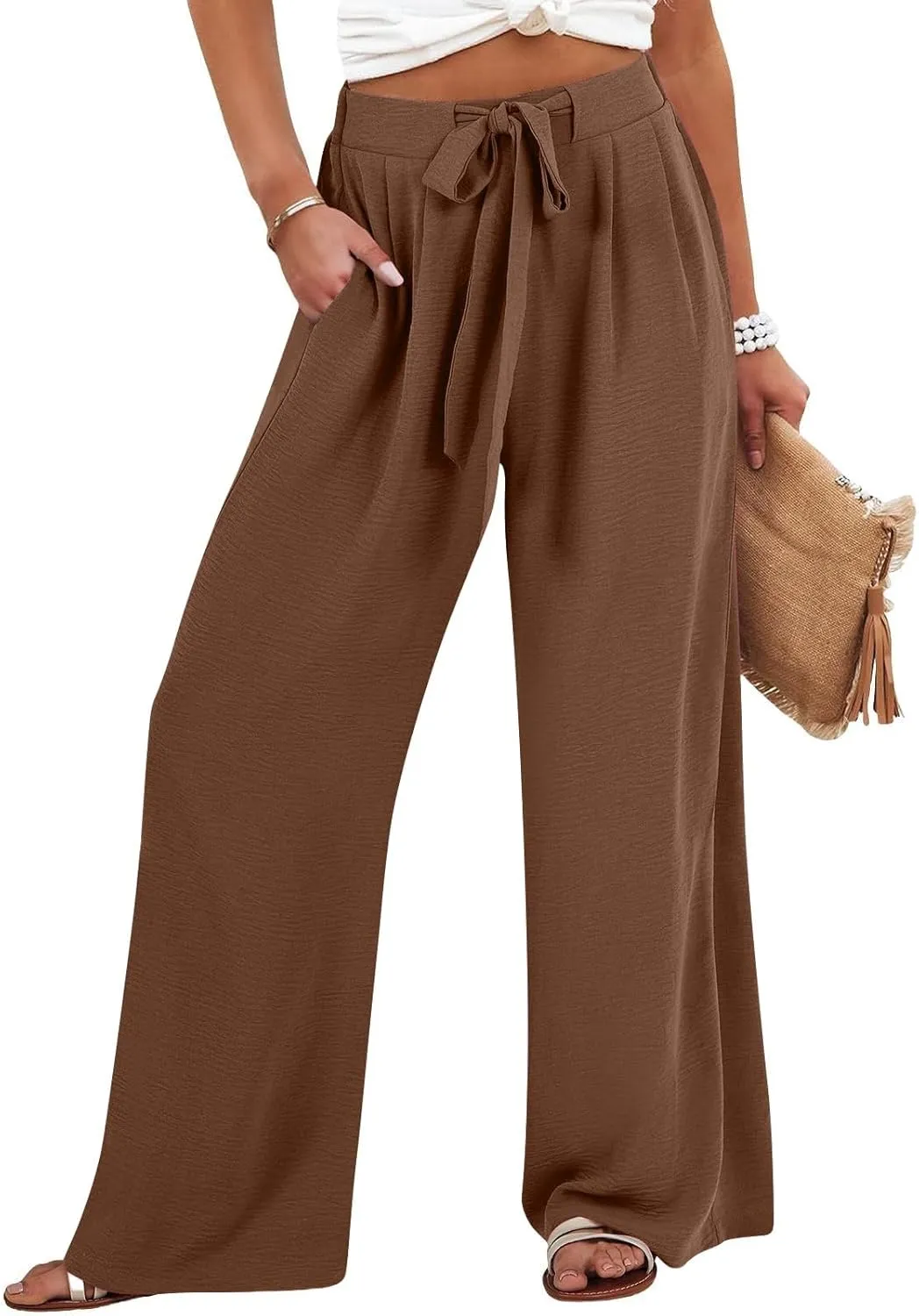 GIERIDUC Linen Palazzo Pants for Women Casual Loose Beach Wide Leg Flowy Trousers Plus Size High Waisted Tie Knot Lounge Pant