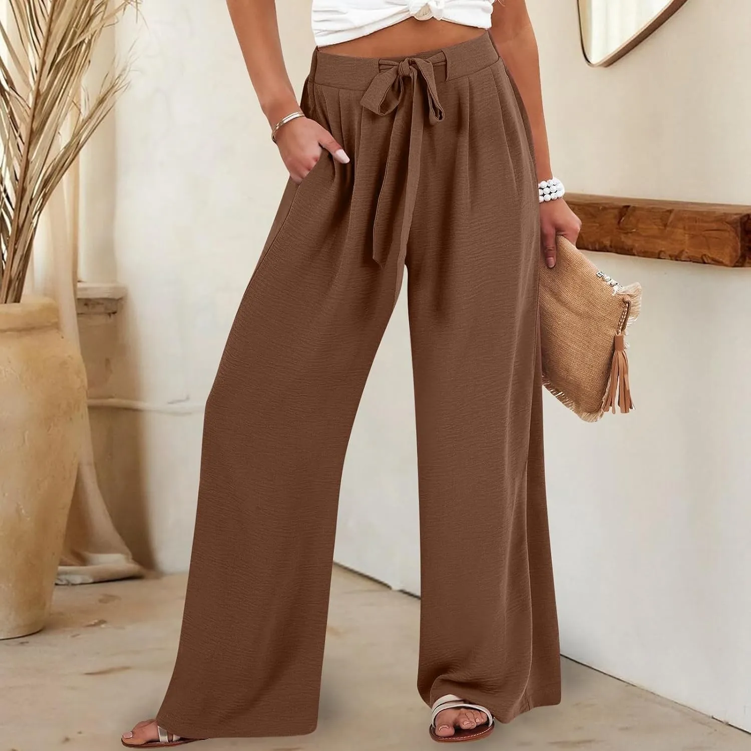 GIERIDUC Linen Palazzo Pants for Women Casual Loose Beach Wide Leg Flowy Trousers Plus Size High Waisted Tie Knot Lounge Pant