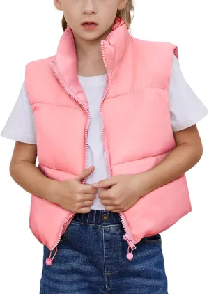 Gihuo Girls Winter Puffer Vest Lightweight Water-Resistant Quilted Vests Cropped Warm Kids Sleeveless Jacket Outerwear