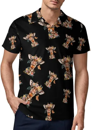 Giraffe Butterfly Flowers Men's Polo Shirt Short Sleeve Casual Athletic Quick Dry Golf T-Shirts