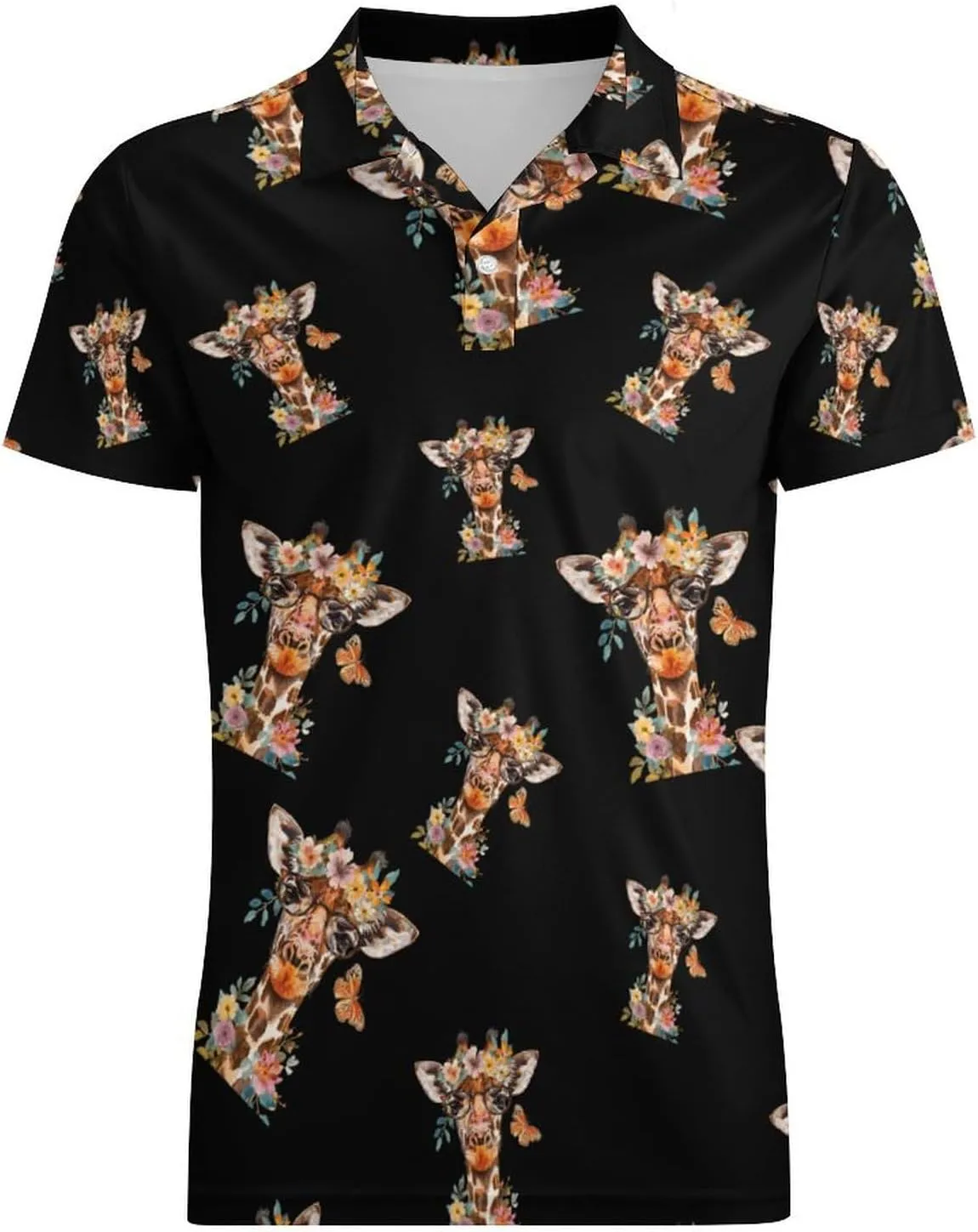 Giraffe Butterfly Flowers Men's Polo Shirt Short Sleeve Casual Athletic Quick Dry Golf T-Shirts