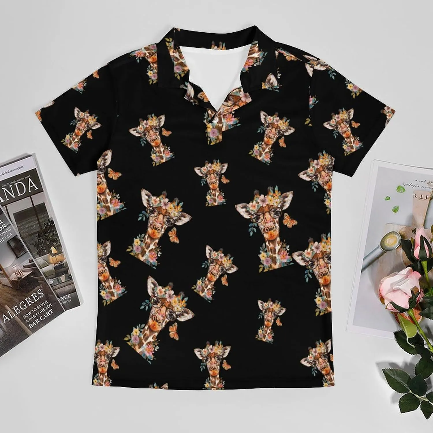 Giraffe Butterfly Flowers Men's Polo Shirt Short Sleeve Casual Athletic Quick Dry Golf T-Shirts