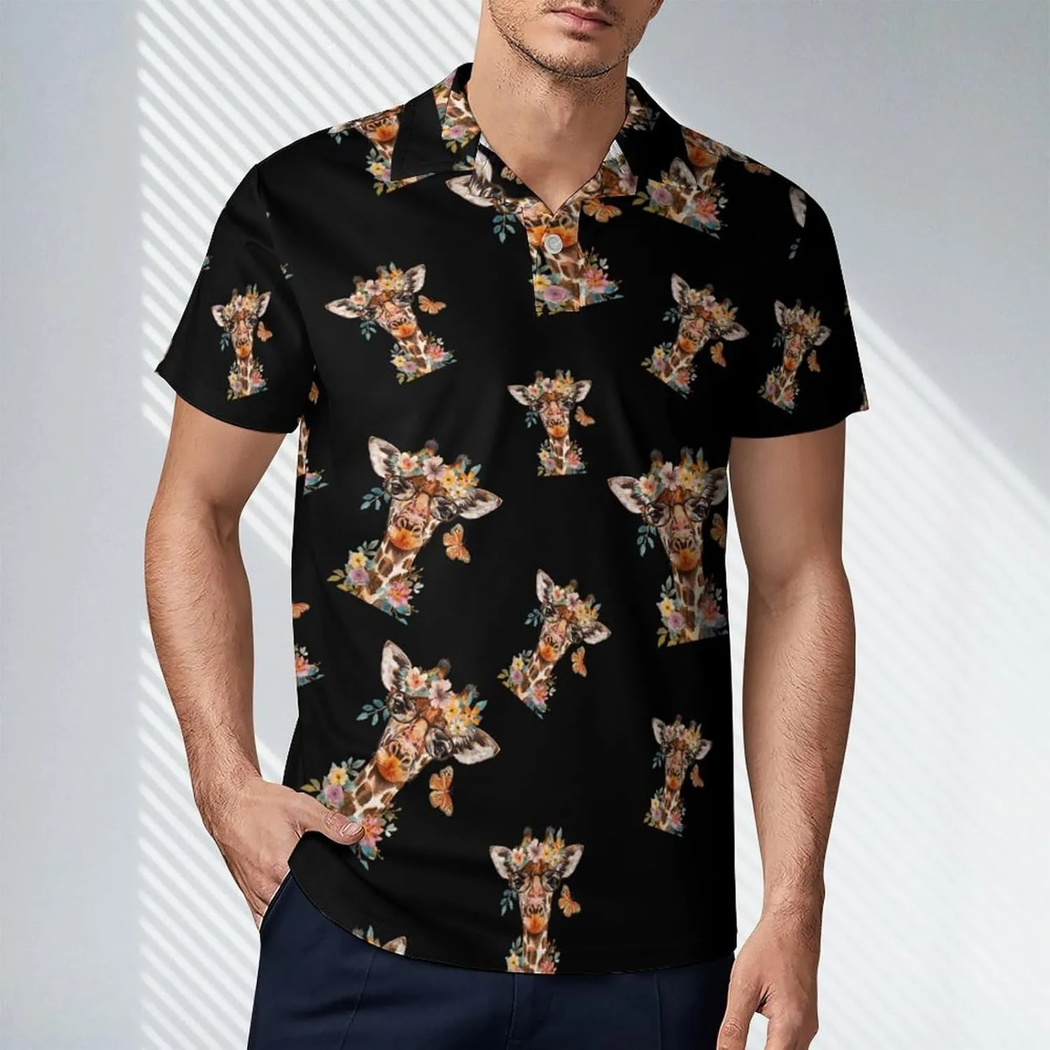 Giraffe Butterfly Flowers Men's Polo Shirt Short Sleeve Casual Athletic Quick Dry Golf T-Shirts