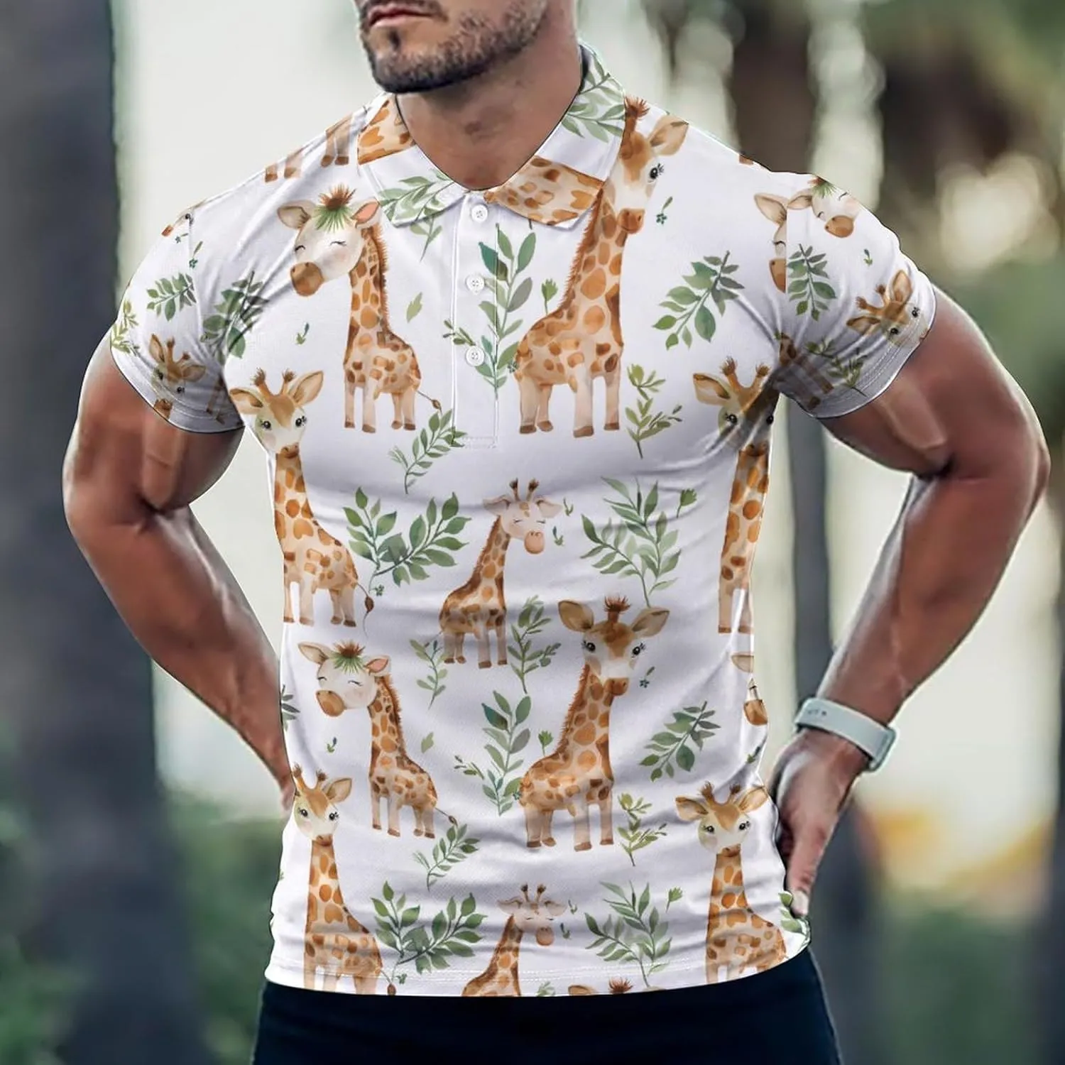 Giraffe Watercolor Mens Polo Shirts Quick Dry Short Sleeve Golf Slim Fit T Shirt