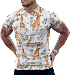 Giraffe Watercolor Mens Polo Shirts Quick Dry Short Sleeve Golf Slim Fit T Shirt