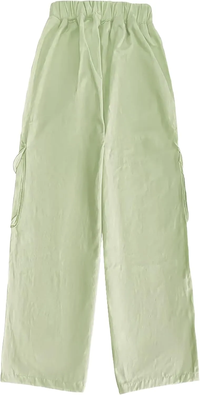 Girl's Elastic High Waist Cargo Pants Wide Leg Trousers with Flap Pocket, 3-14 Years