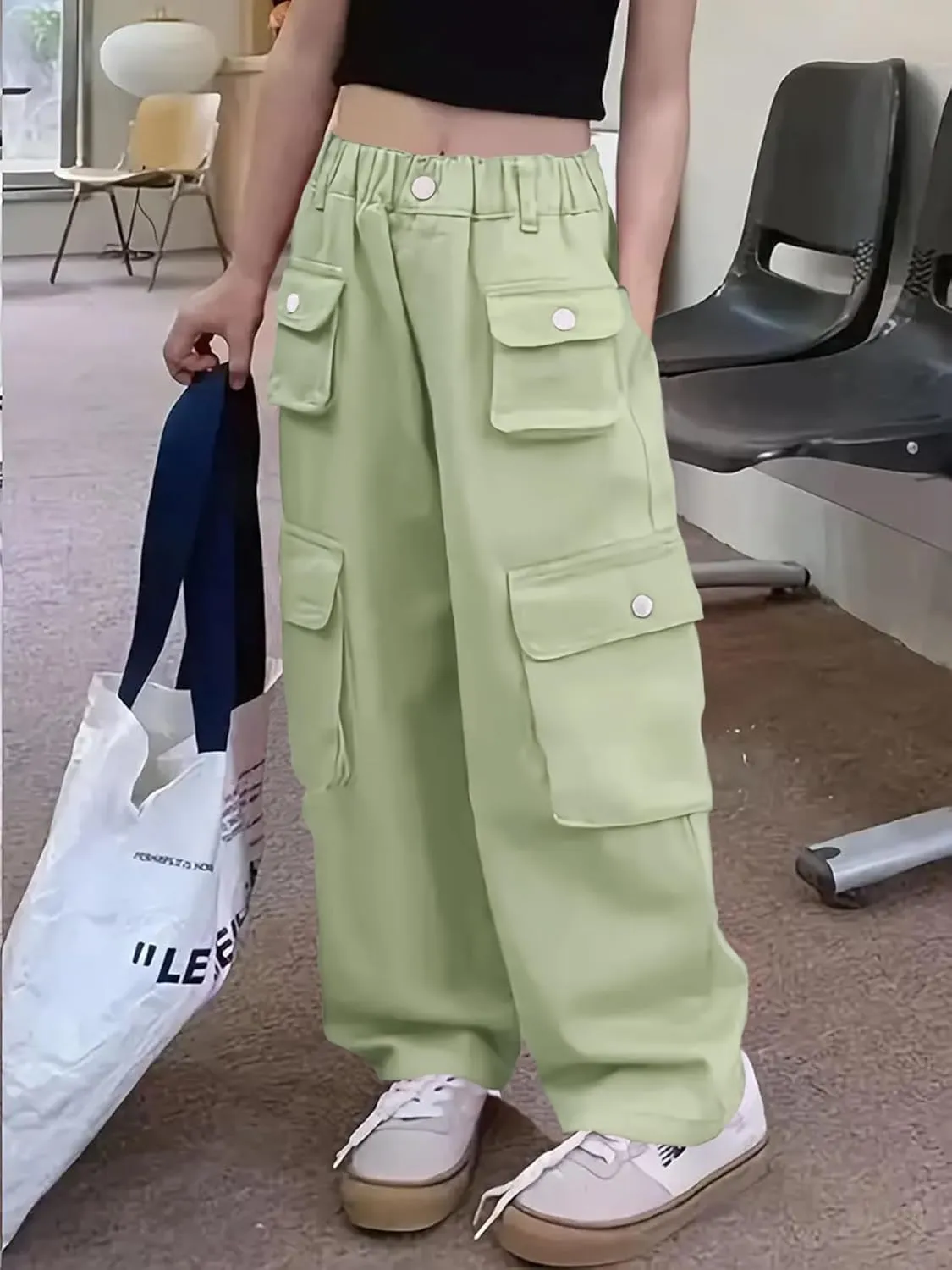 Girl's Elastic High Waist Cargo Pants Wide Leg Trousers with Flap Pocket, 3-14 Years