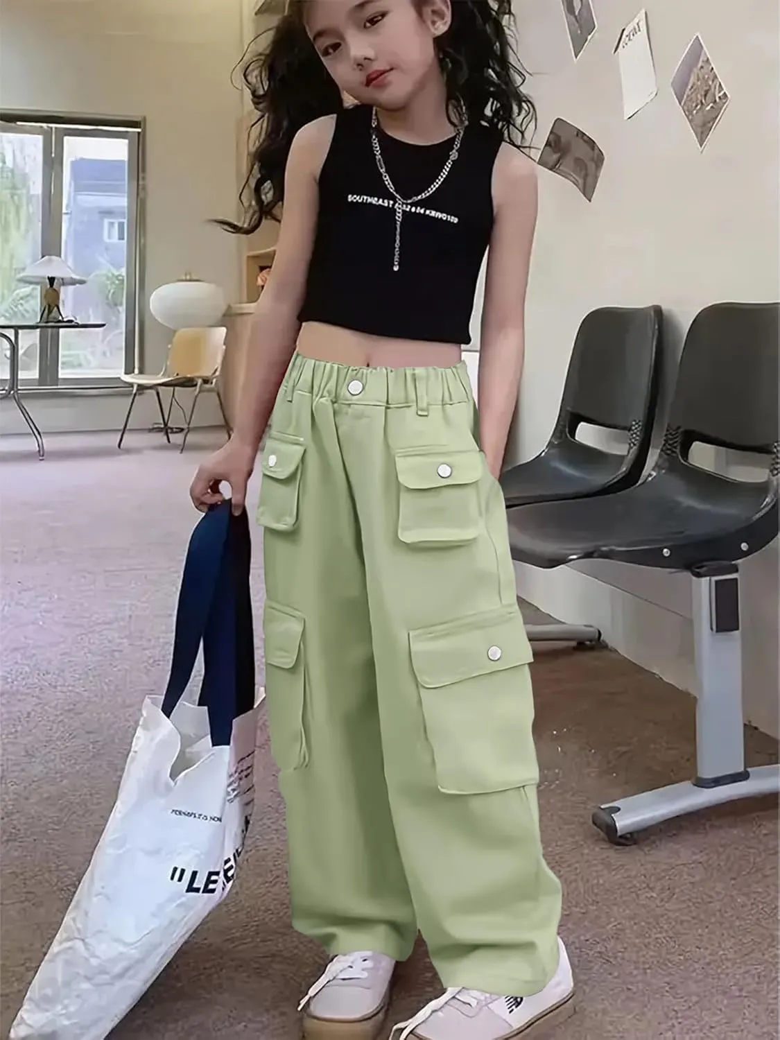 Girl's Elastic High Waist Cargo Pants Wide Leg Trousers with Flap Pocket, 3-14 Years