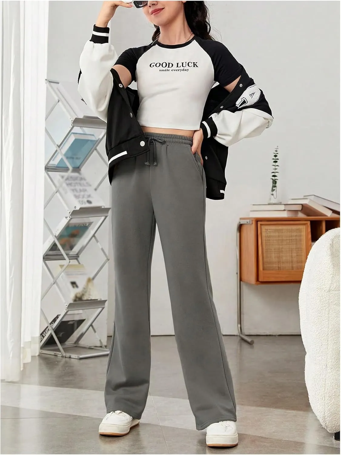 Girl's Jogger Sweatpants High Waist Wide Leg Baggy Pants Casual Gym Workout Pants
