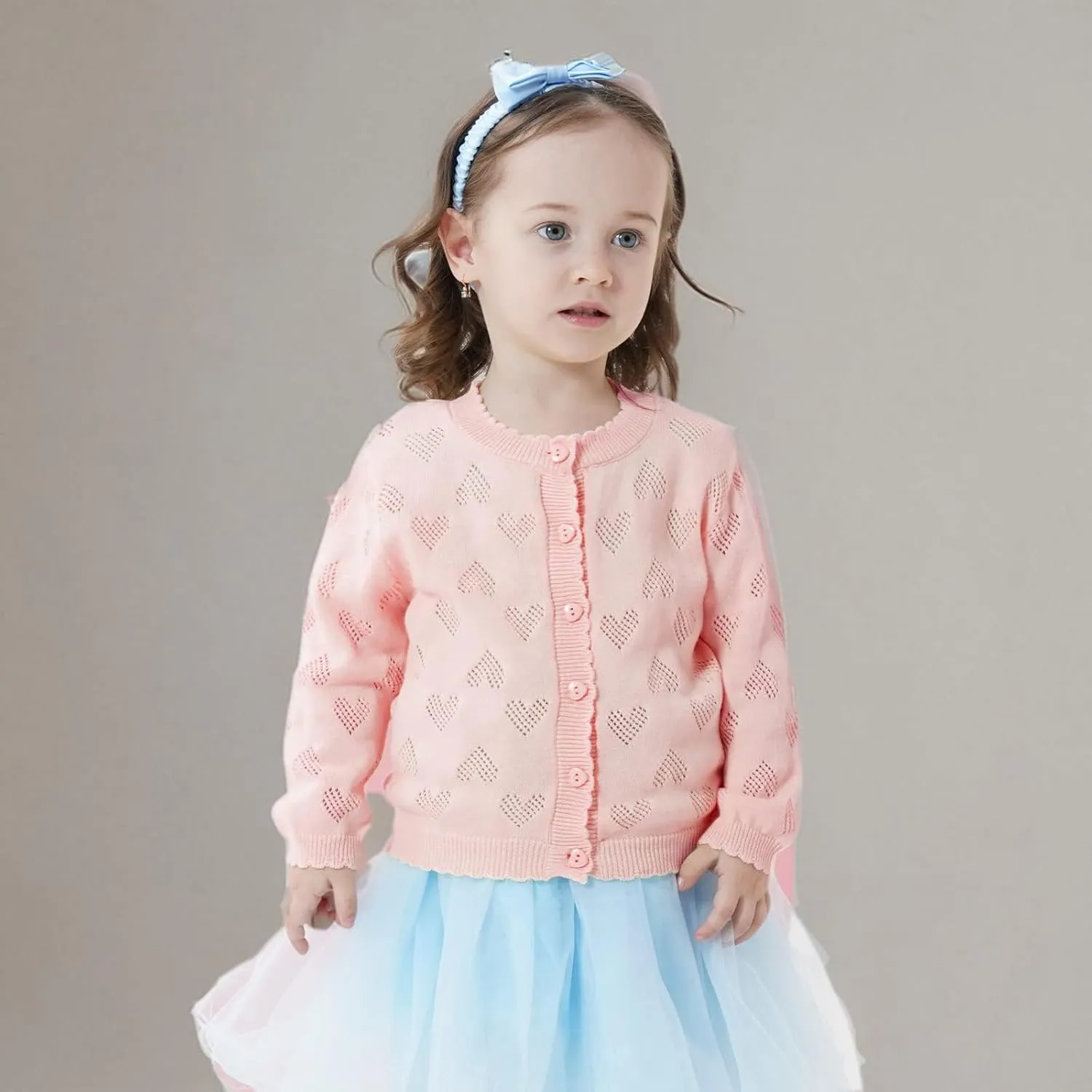 Girls' Knitted Cardigan Long-Sleeved Round Neck Spring Thin Sweater Newborn Baby Girl Cotton Heart-Shaped Sweater Coat