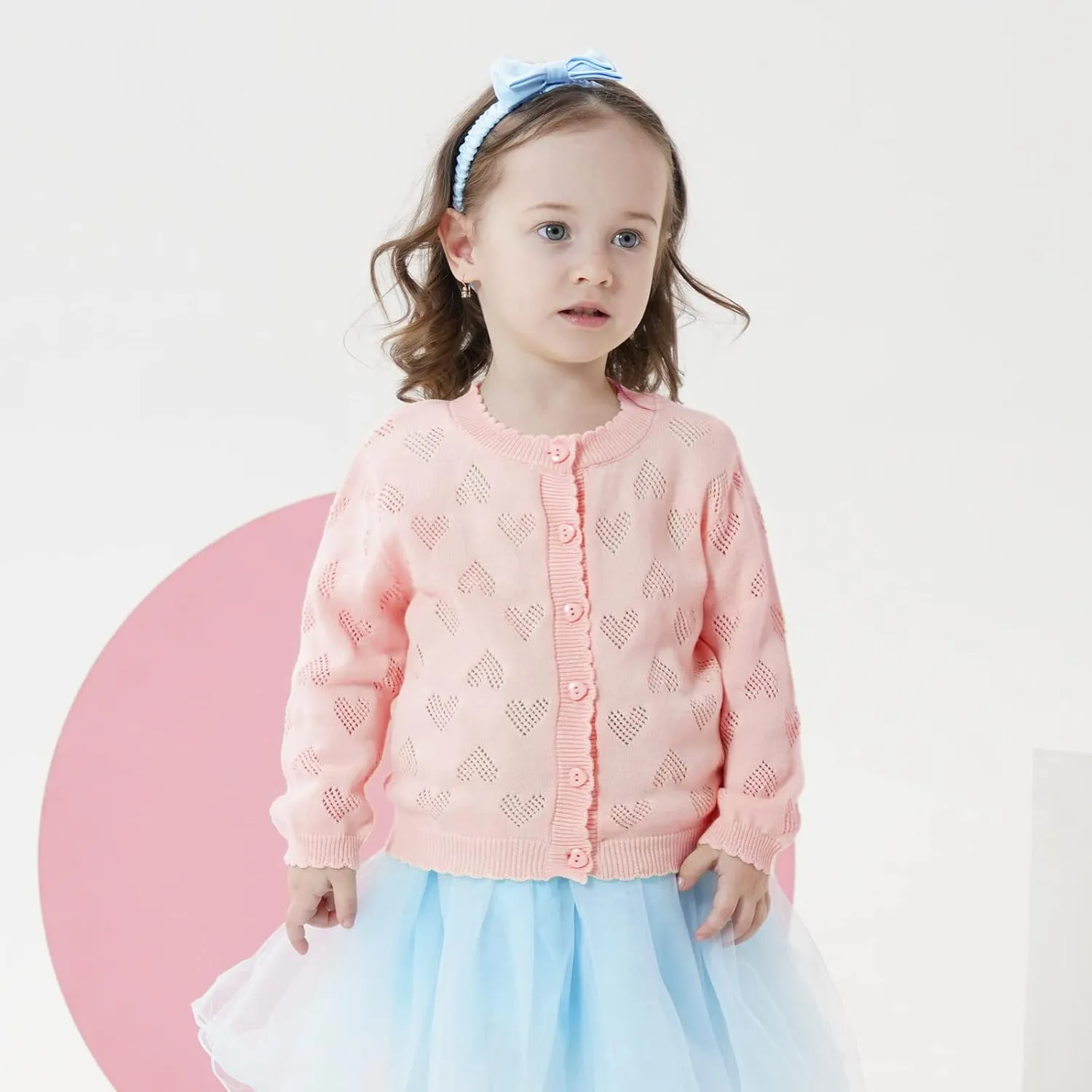 Girls' Knitted Cardigan Long-Sleeved Round Neck Spring Thin Sweater Newborn Baby Girl Cotton Heart-Shaped Sweater Coat