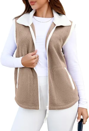 Glamaker Womens Fuzzy Sherpa Fleece Vest Casual Sleeveless Outerwear Travel Zip Up Jacket Lightweight Warm Gilet With Pockets