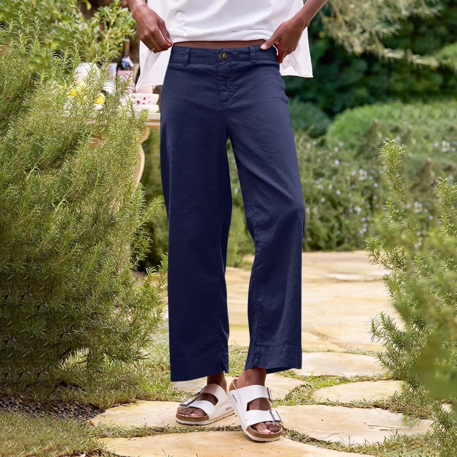 GOFULY Linen Pants for Women Casual Wide Straight Leg High Rise Casual Palazzo Pants 2025 Summer Solid Trousers with Pockets