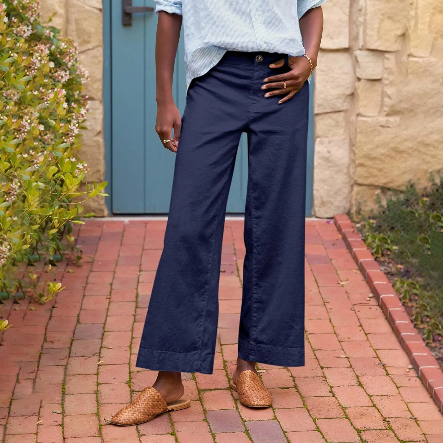 GOFULY Linen Pants for Women Casual Wide Straight Leg High Rise Casual Palazzo Pants 2025 Summer Solid Trousers with Pockets