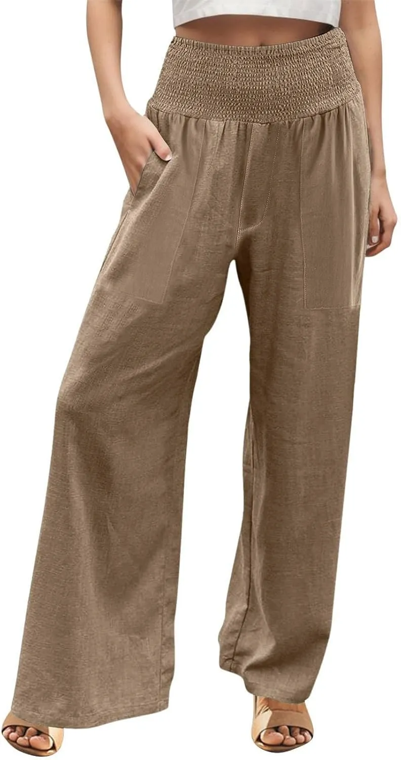 GOFULY Summer Linen Pants Women Wide Leg Cute High Rise Palazzo Pants Elastic Waist 2025 Beach Comfy Solid Clothes Pocket