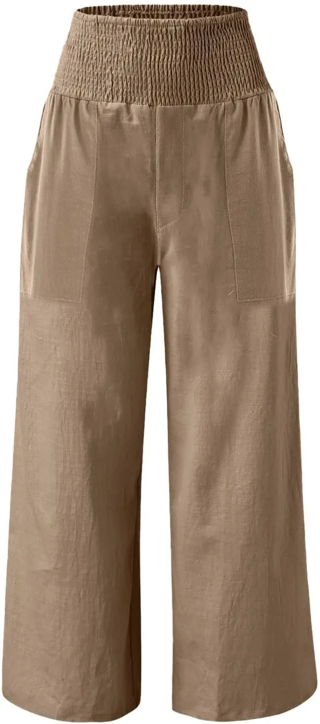 GOFULY Summer Linen Pants Women Wide Leg Cute High Rise Palazzo Pants Elastic Waist 2025 Beach Comfy Solid Clothes Pocket