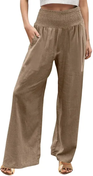 GOFULY Summer Linen Pants Women Wide Leg Cute High Rise Palazzo Pants Elastic Waist 2025 Beach Comfy Solid Clothes Pocket