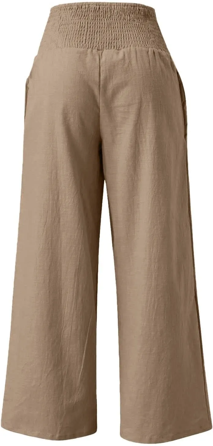 GOFULY Summer Linen Pants Women Wide Leg Cute High Rise Palazzo Pants Elastic Waist 2025 Beach Comfy Solid Clothes Pocket