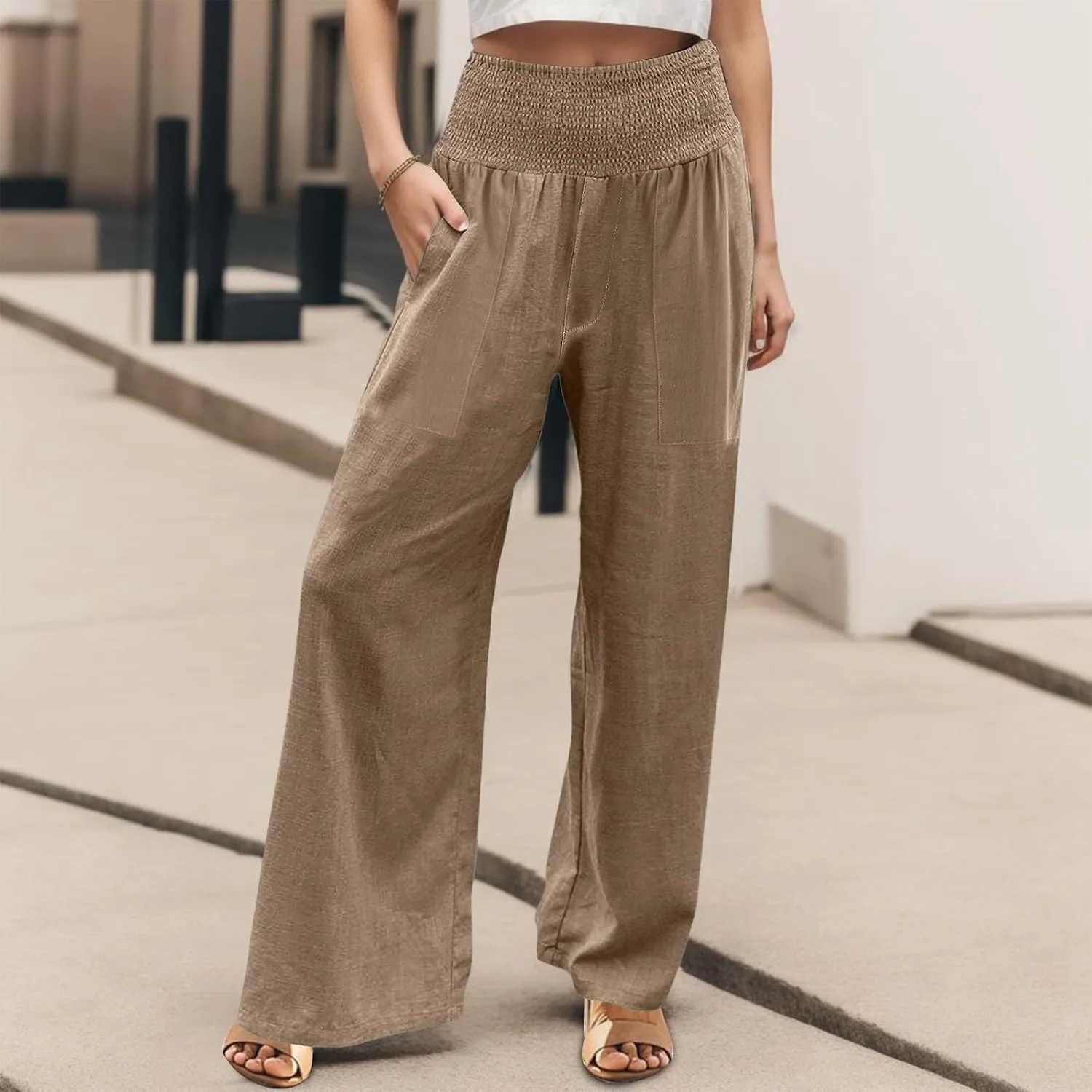 GOFULY Summer Linen Pants Women Wide Leg Cute High Rise Palazzo Pants Elastic Waist 2025 Beach Comfy Solid Clothes Pocket