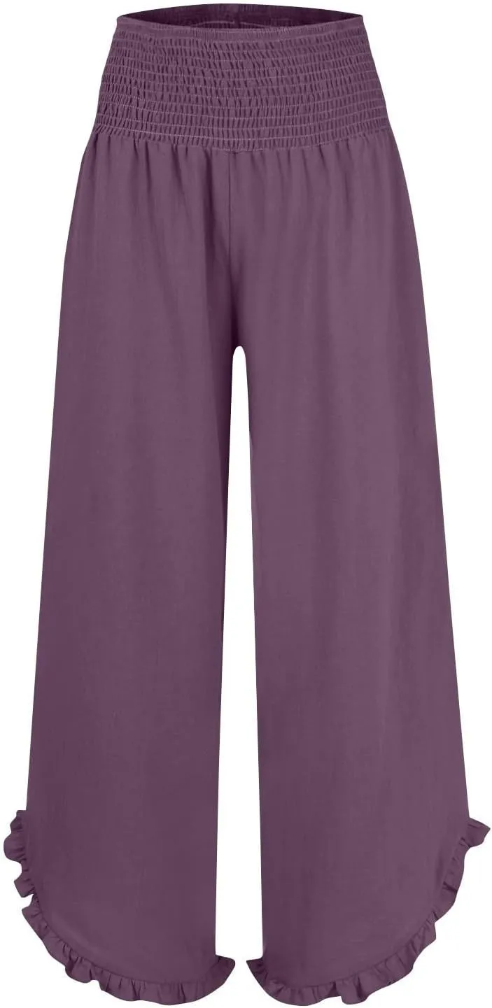 GOFULY Wide Leg Linen Pants Women Beach Flowy Summer Elastic Waist Palazzo Pants High Waisted Pockets Cropped Solid Trousers