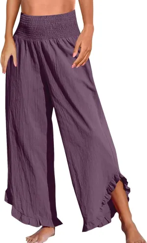 GOFULY Wide Leg Linen Pants Women Beach Flowy Summer Elastic Waist Palazzo Pants High Waisted Pockets Cropped Solid Trousers