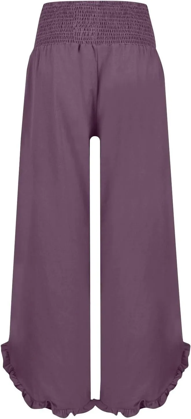 GOFULY Wide Leg Linen Pants Women Beach Flowy Summer Elastic Waist Palazzo Pants High Waisted Pockets Cropped Solid Trousers